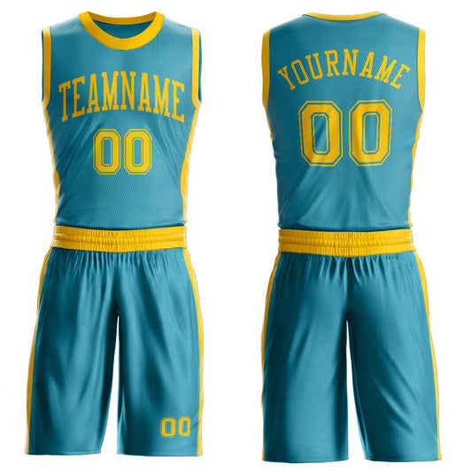 Custom Teal Gold Round Neck Basketball Uniform Jersey - Main View