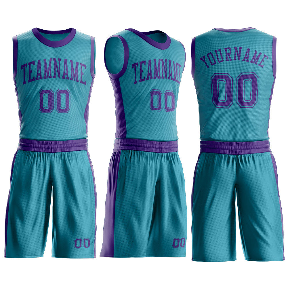 Custom Teal Purple Round Neck Basketball Uniform Jersey view 3