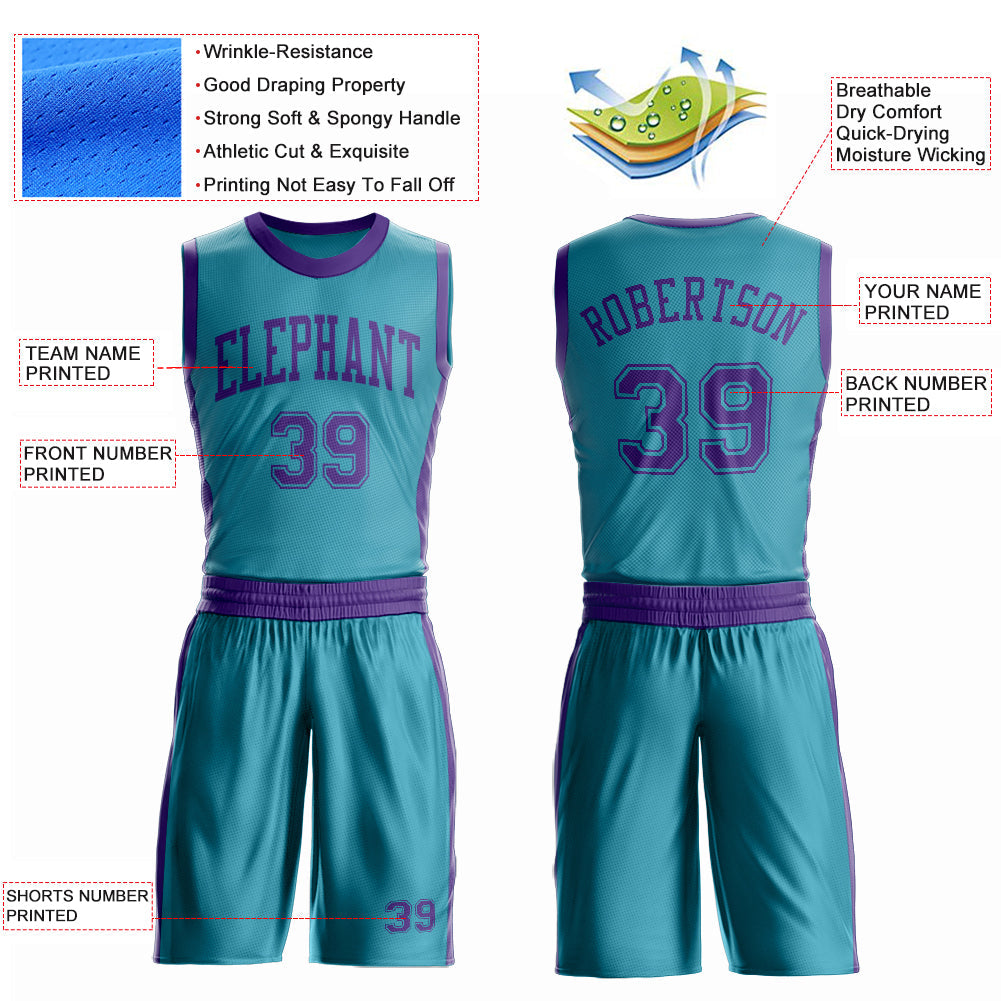 Custom Teal Purple Round Neck Basketball Uniform Jersey view 4
