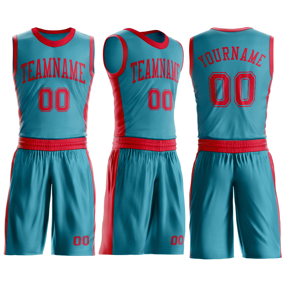 Custom Teal Red Round Neck Basketball Uniform Jersey view 3