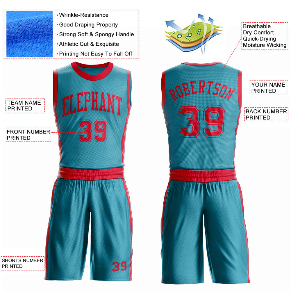 Custom Teal Red Round Neck Basketball Uniform Jersey view 4