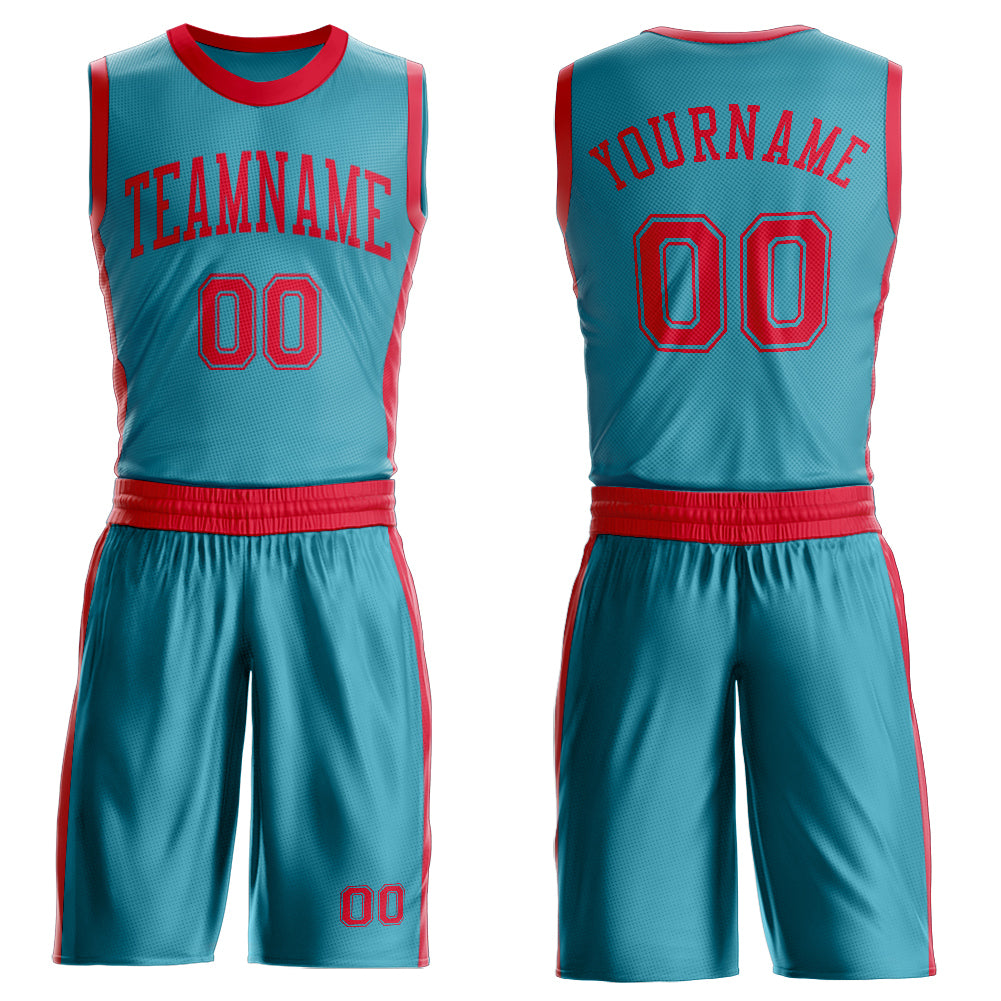 Custom Teal Red Round Neck Basketball Uniform Jersey - Main View