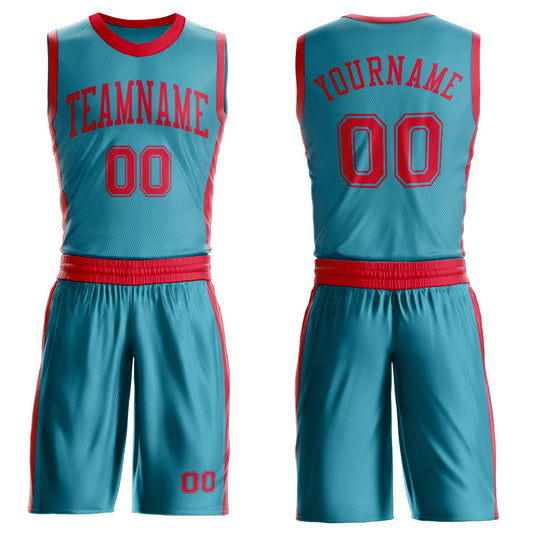 Custom Teal Red Round Neck Basketball Uniform Jersey - Main View
