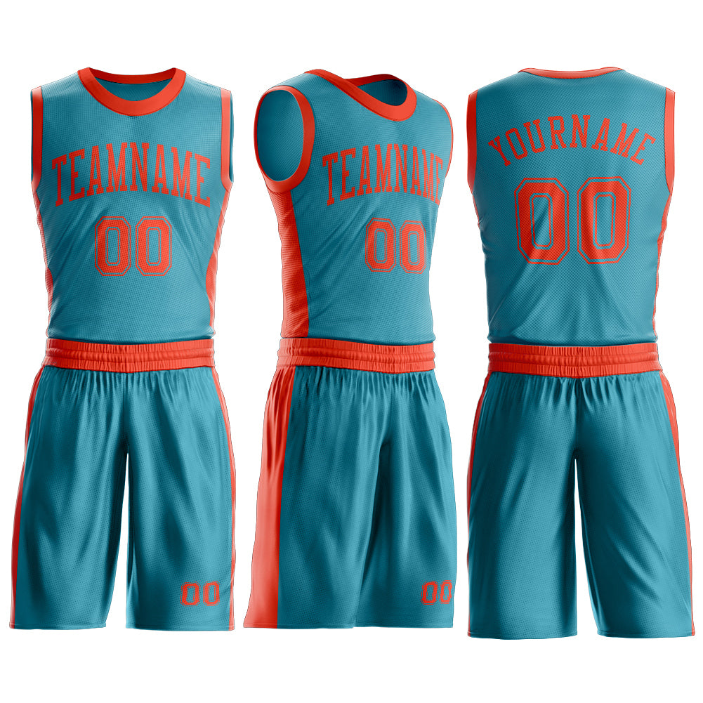 Custom Teal Orange Round Neck Basketball Uniform Jersey view 3