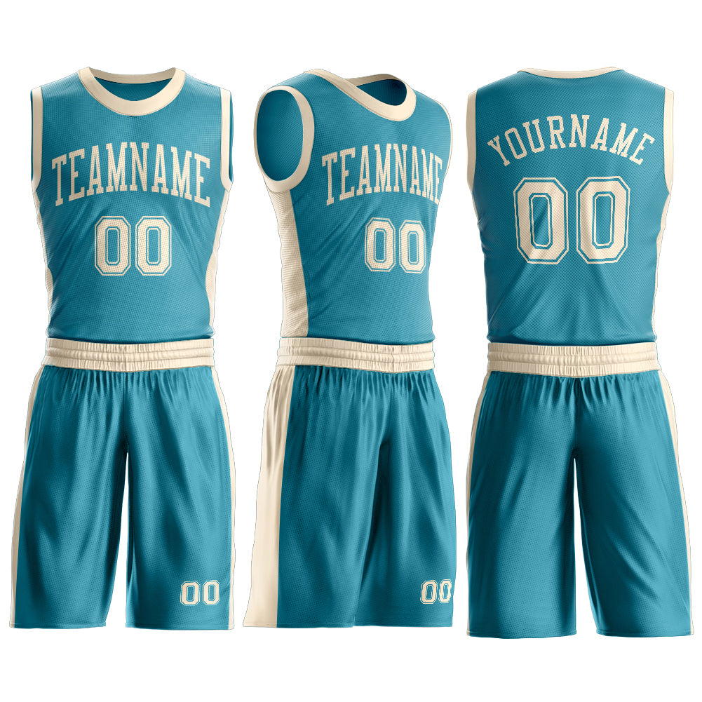 Custom Teal Cream Round Neck Basketball Uniform Jersey view 3