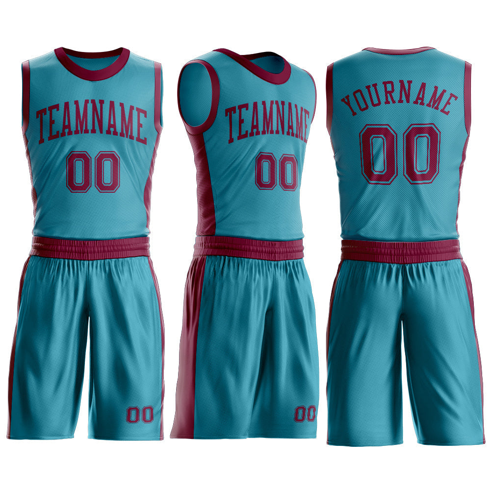 Custom Teal Maroon Round Neck Basketball Uniform Jersey view 3