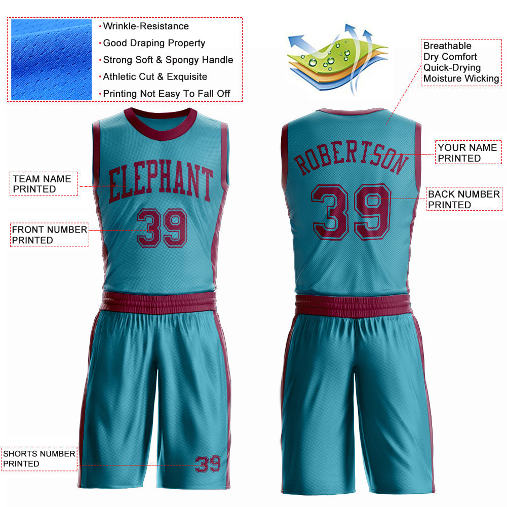 Custom Teal Maroon Round Neck Basketball Uniform Jersey view 4