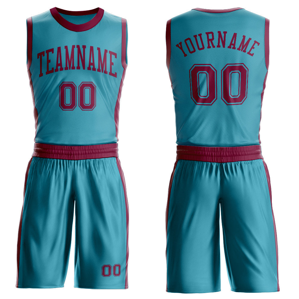 Custom Teal Maroon Round Neck Basketball Uniform Jersey - Main View