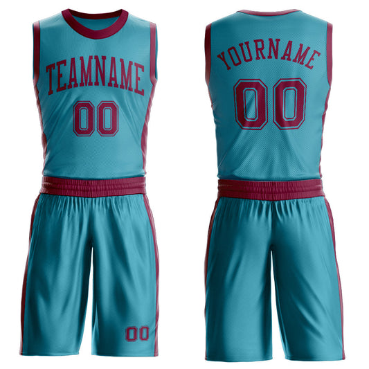 Custom Teal Maroon Round Neck Basketball Uniform Jersey - Main View