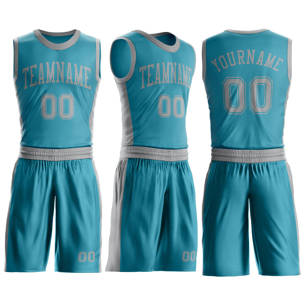 Custom Teal Gray Round Neck Basketball Uniform Jersey view 3