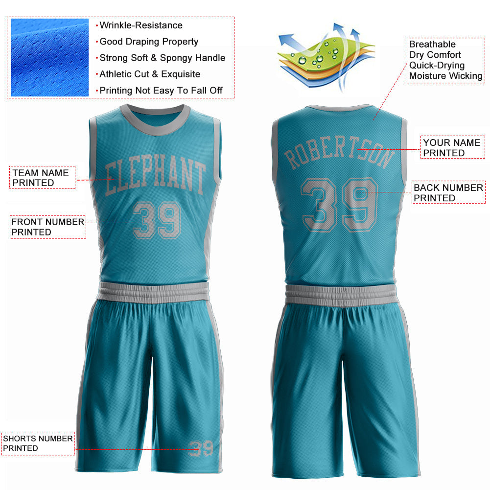 Custom Teal Gray Round Neck Basketball Uniform Jersey view 4