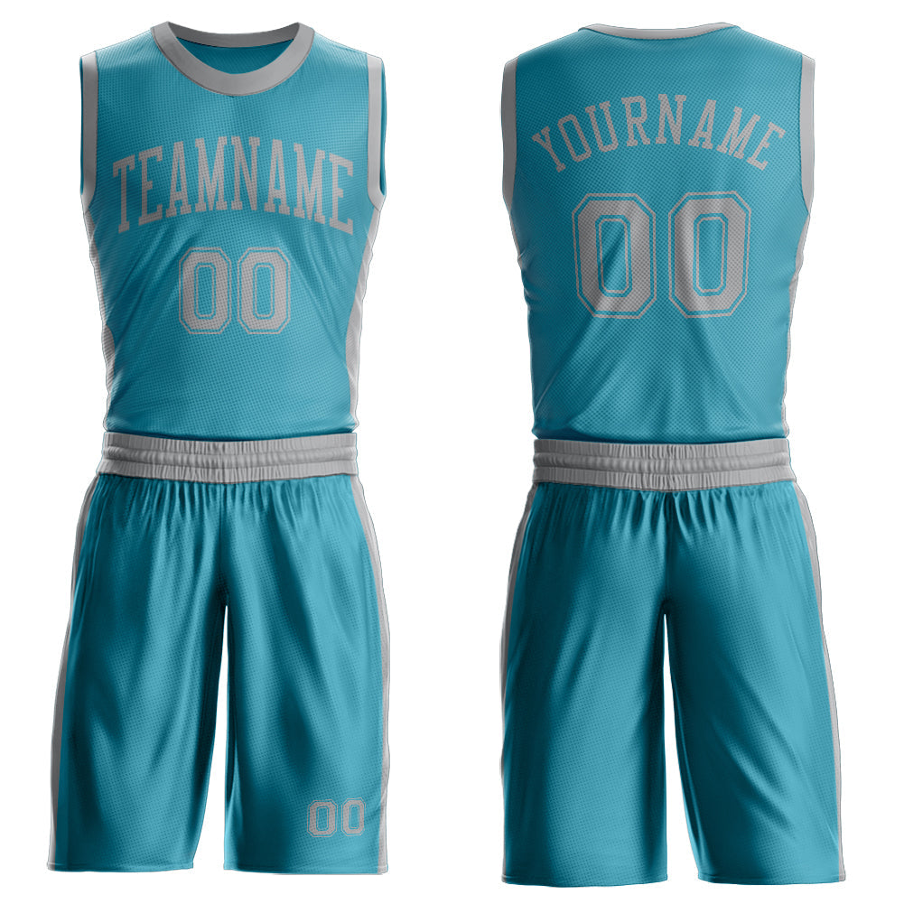 Custom Teal Gray Round Neck Basketball Uniform Jersey - Main View