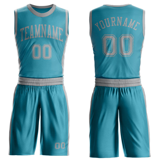 Custom Teal Gray Round Neck Basketball Uniform Jersey - Main View