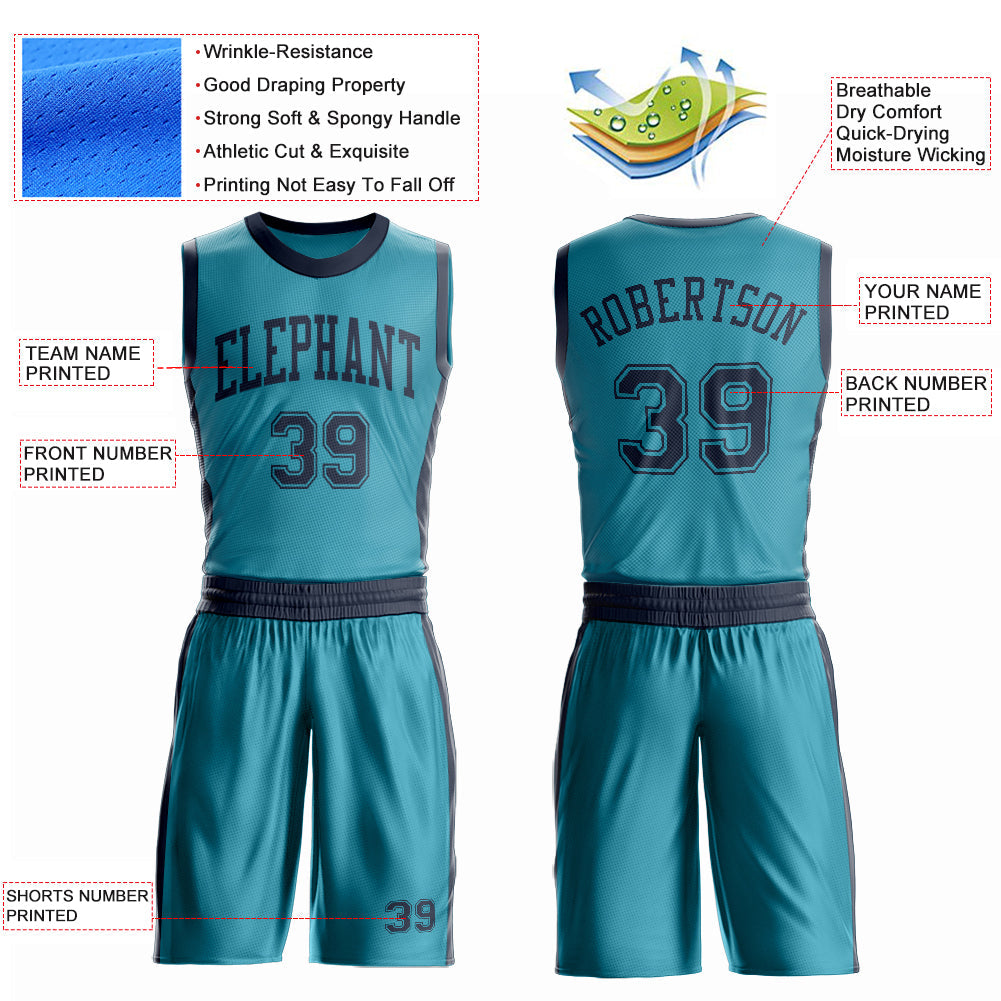 Custom Teal Navy Round Neck Basketball Uniform Jersey view 4