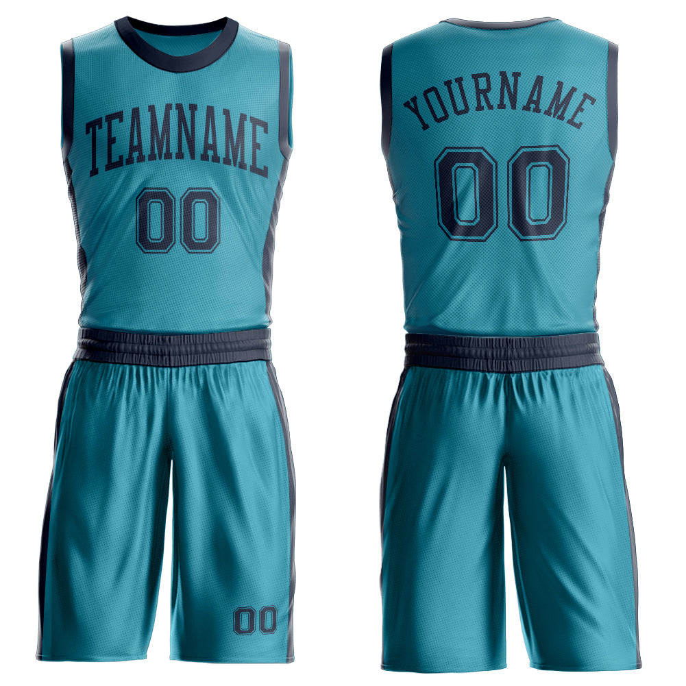 Custom Teal Navy Round Neck Basketball Uniform Jersey - Main View