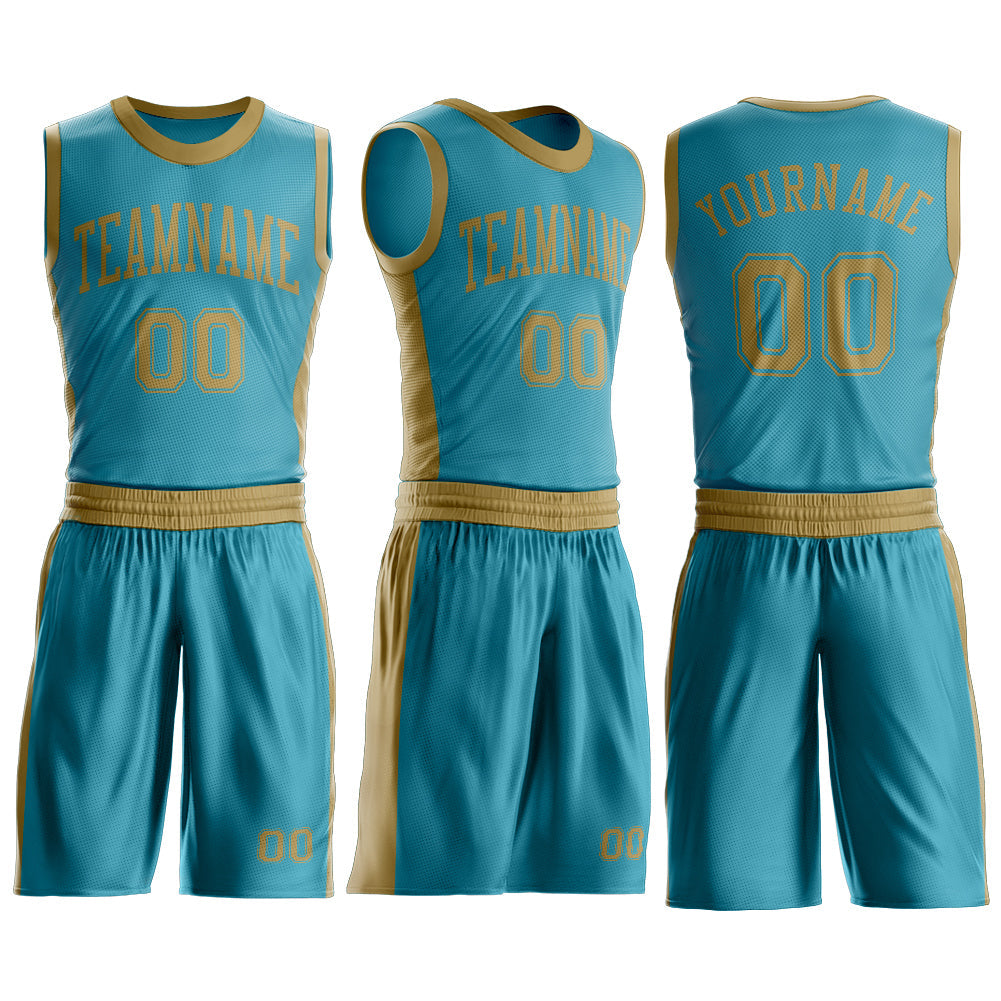 Custom Teal Old Gold Round Neck Basketball Uniform Jersey view 3
