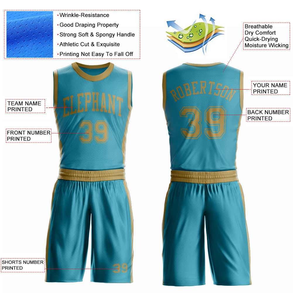 Custom Teal Old Gold Round Neck Basketball Uniform Jersey view 4