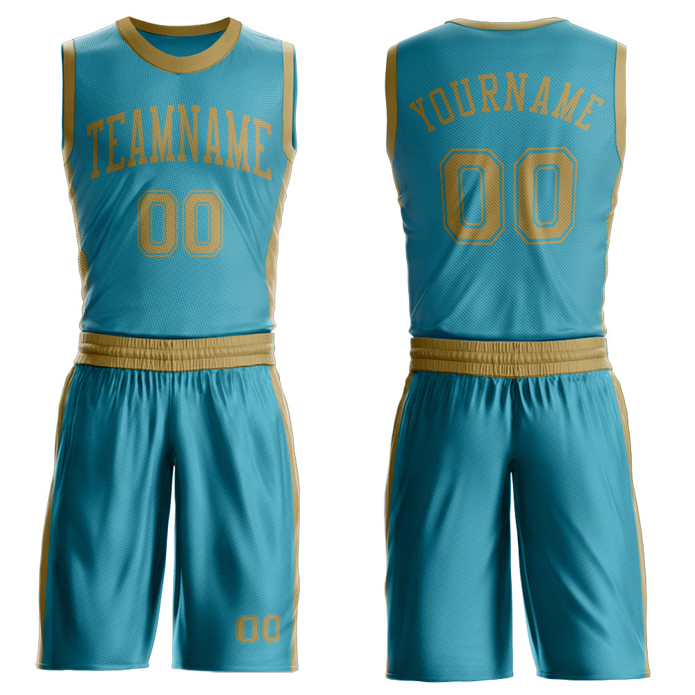 Custom Teal Old Gold Round Neck Basketball Uniform Jersey - Main View