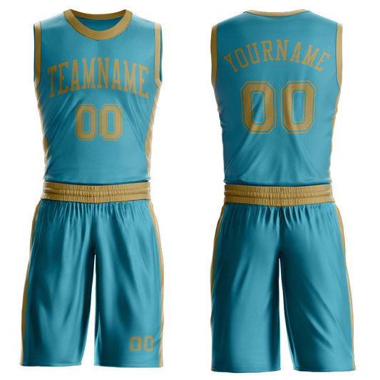 Custom Teal Old Gold Round Neck Basketball Uniform Jersey - Main View