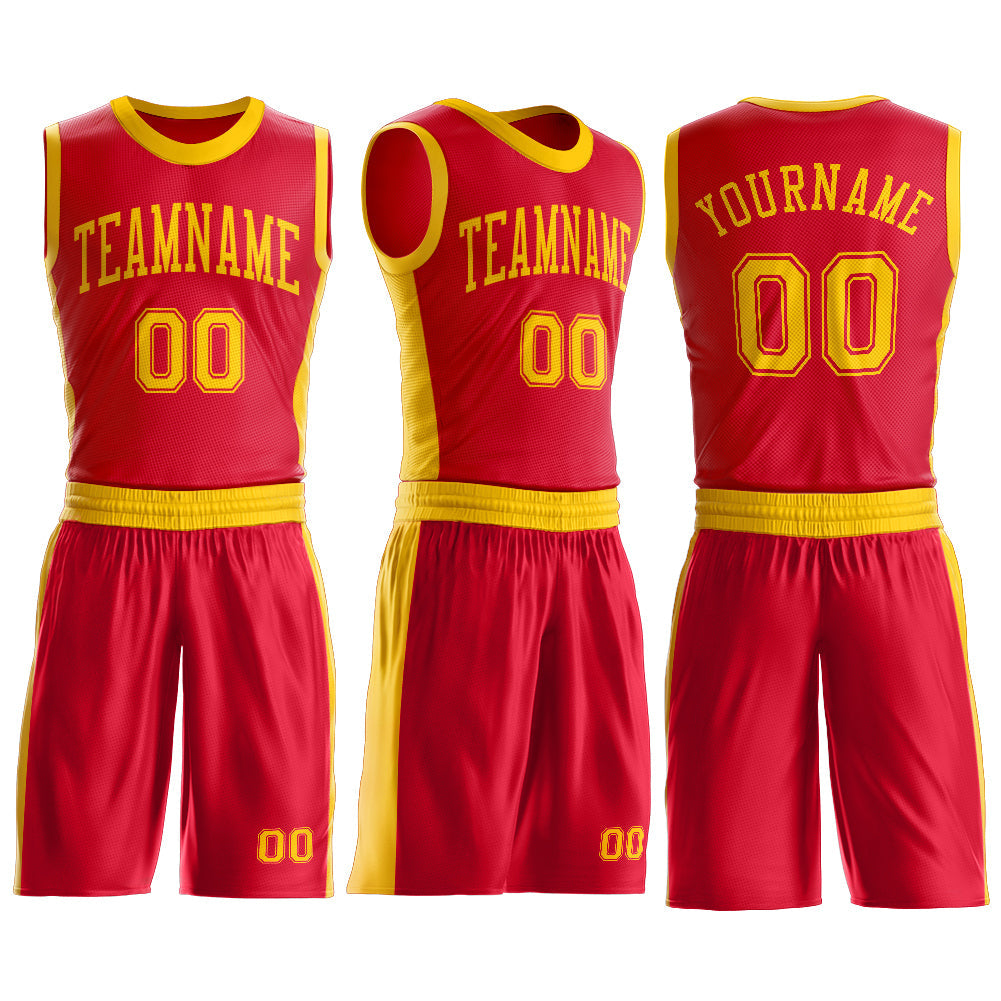 Custom Red Gold Round Neck Basketball Uniform Jersey view 3