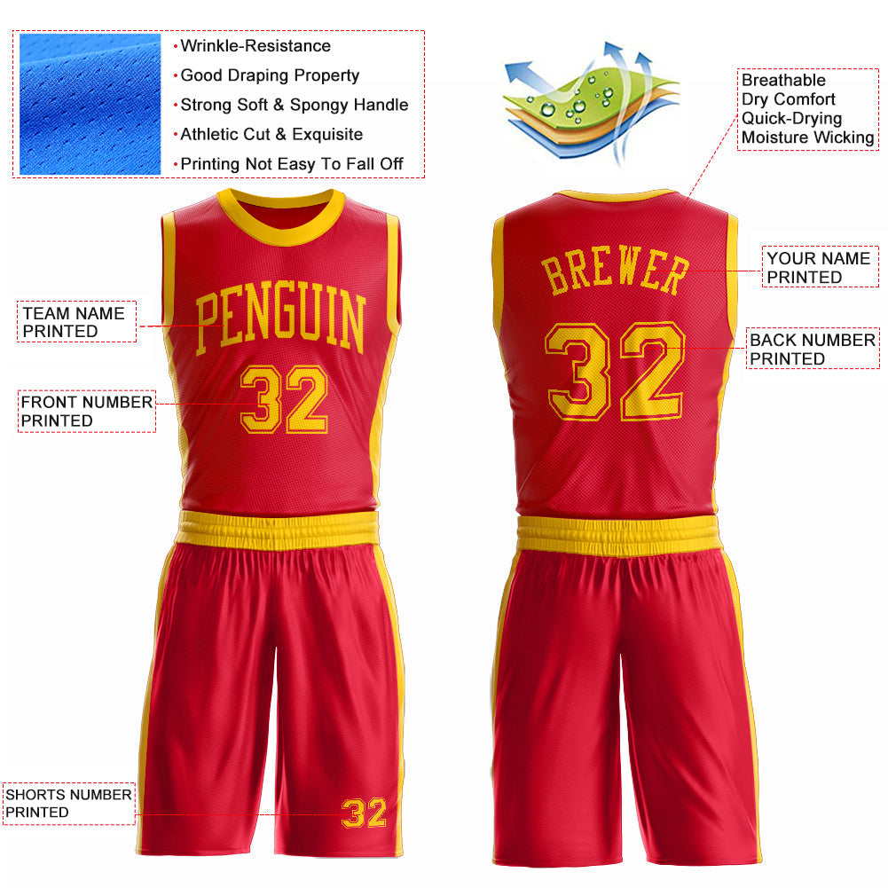 Custom Red Gold Round Neck Basketball Uniform Jersey view 4