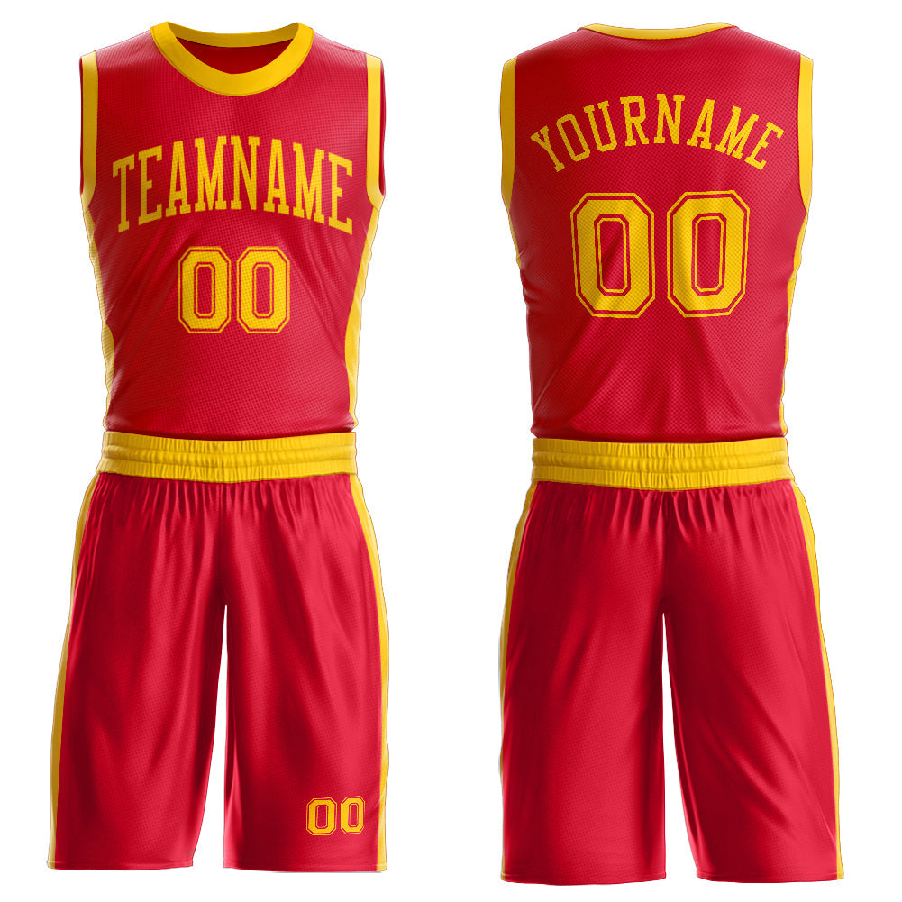 Custom Red Gold Round Neck Basketball Uniform Jersey - Main View