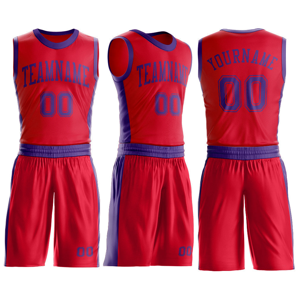 Custom Red Purple Round Neck Basketball Uniform Jersey view 3