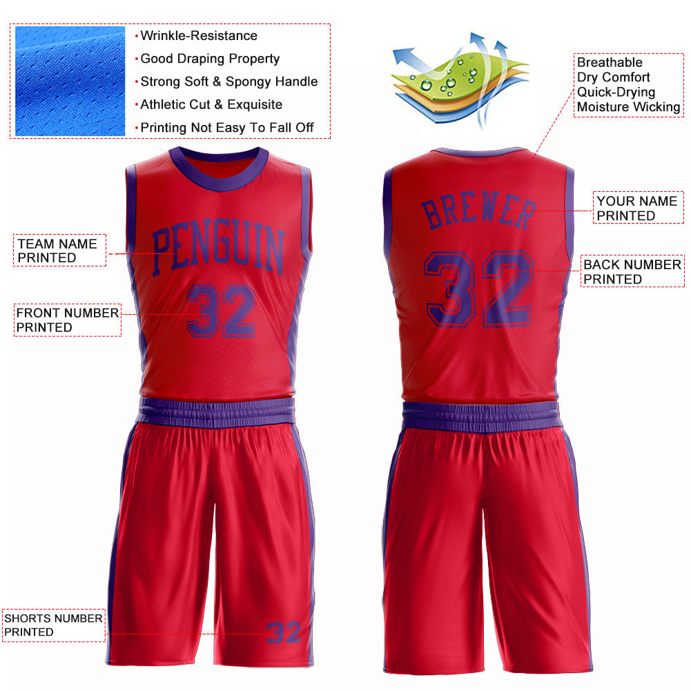 Custom Red Purple Round Neck Basketball Uniform Jersey view 4