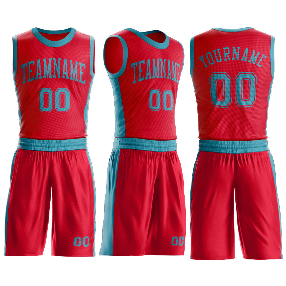 Custom Red Teal Round Neck Basketball Uniform Jersey view 3