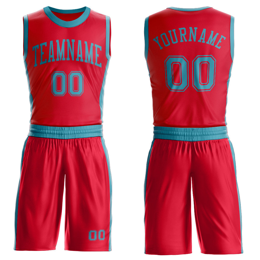 Custom Red Teal Round Neck Basketball Uniform Jersey - Main View