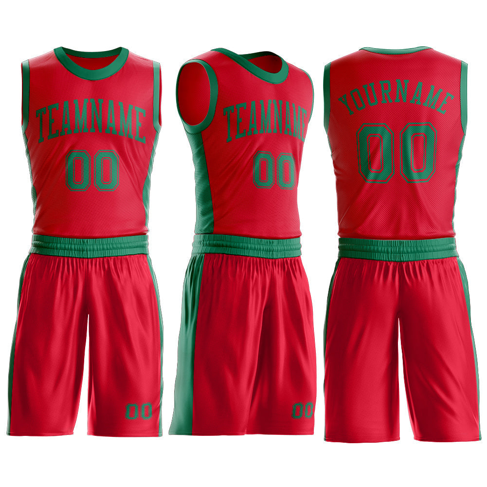 Custom Red Kelly Green Round Neck Basketball Uniform Jersey view 3