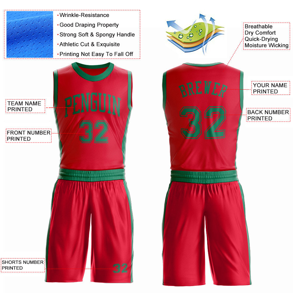 Custom Red Kelly Green Round Neck Basketball Uniform Jersey view 4