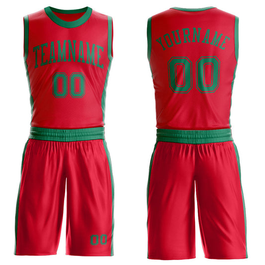 Custom Red Kelly Green Round Neck Basketball Uniform Jersey - Main View