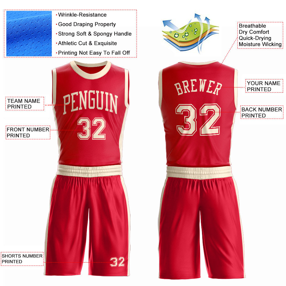 Custom Red Cream Round Neck Basketball Uniform Jersey view 4