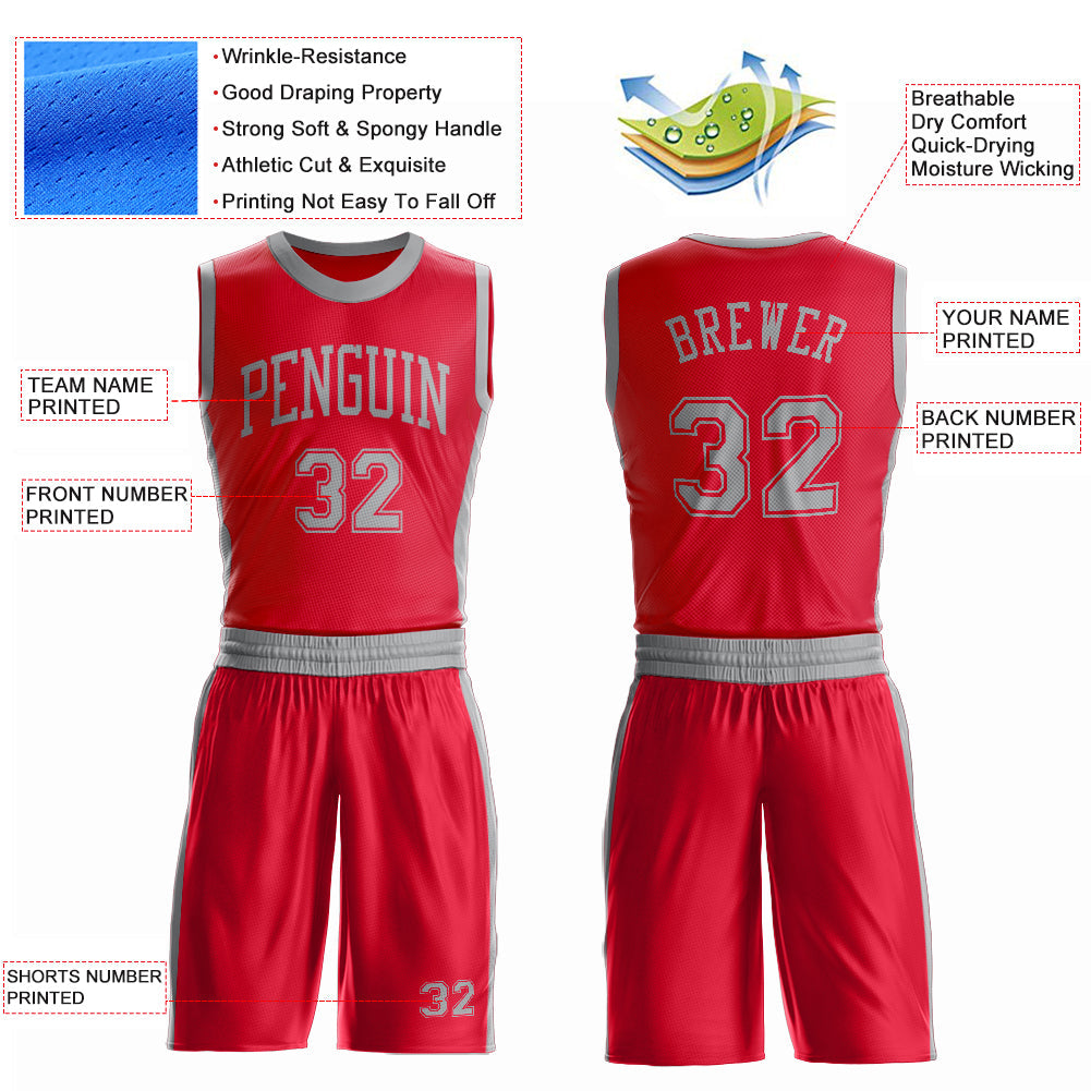 Custom Red Gray Round Neck Basketball Uniform Jersey view 4