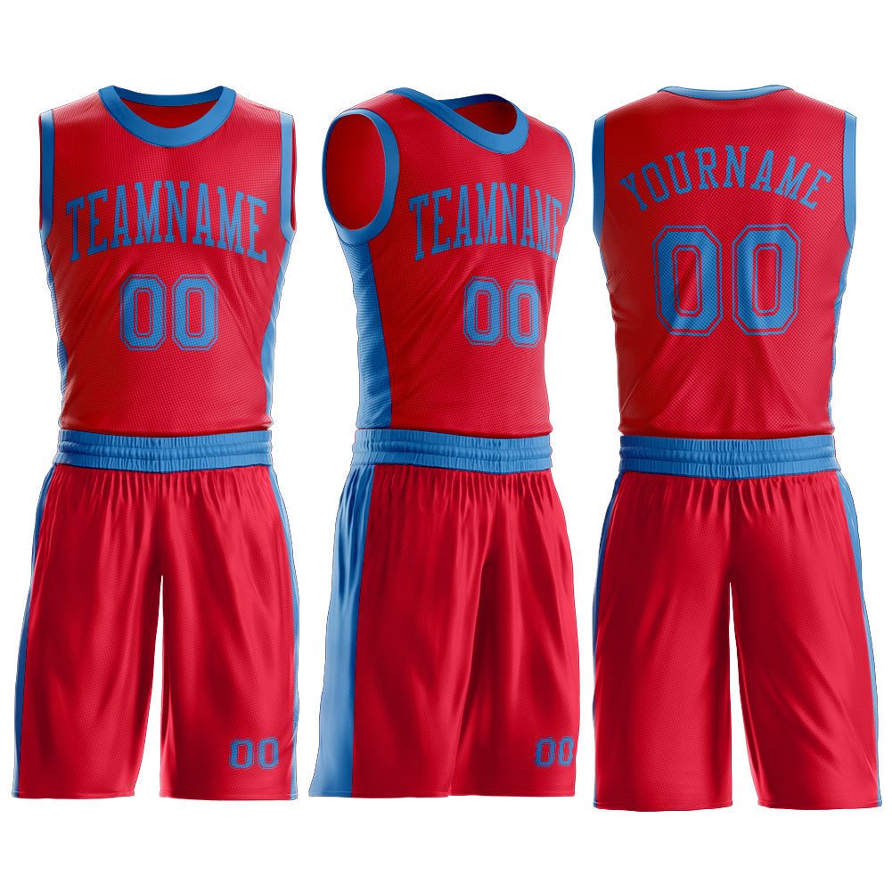 Custom Red Blue Round Neck Basketball Uniform Jersey view 3