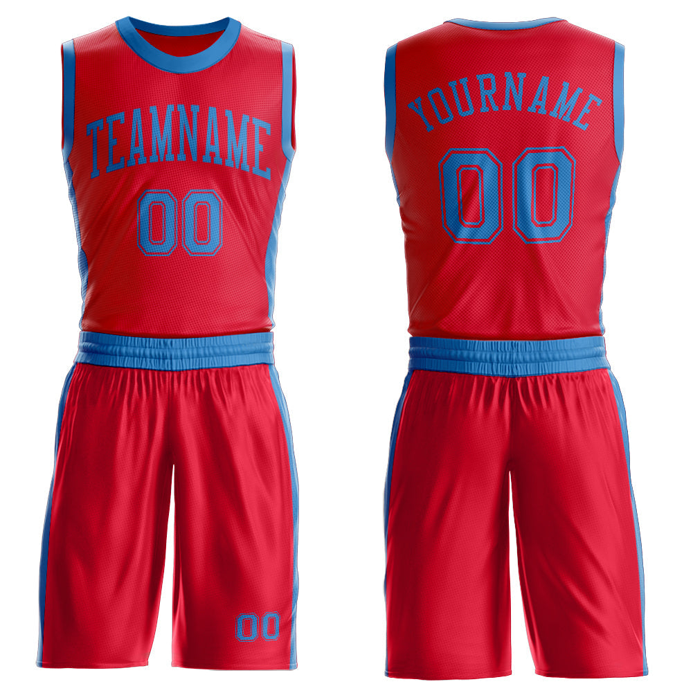 Custom Red Blue Round Neck Basketball Uniform Jersey - Main View