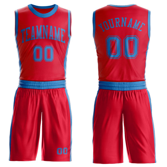 Custom Red Blue Round Neck Basketball Uniform Jersey - Main View