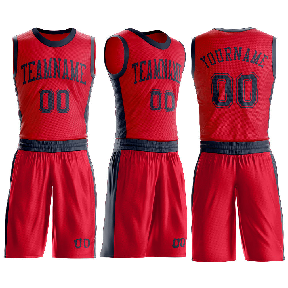 Custom Red Navy Round Neck Basketball Uniform Jersey view 3