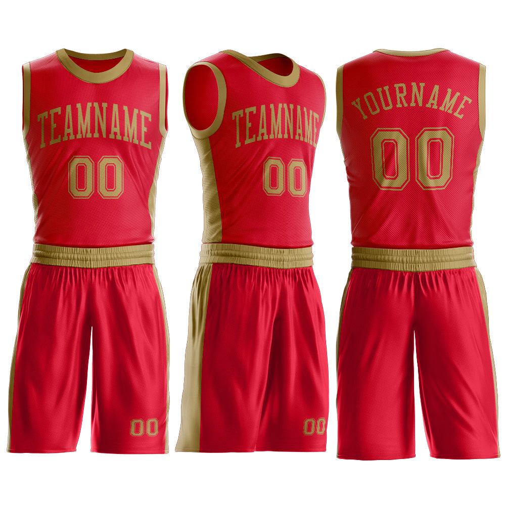 Custom Red Old Gold Round Neck Basketball Uniform Jersey view 3