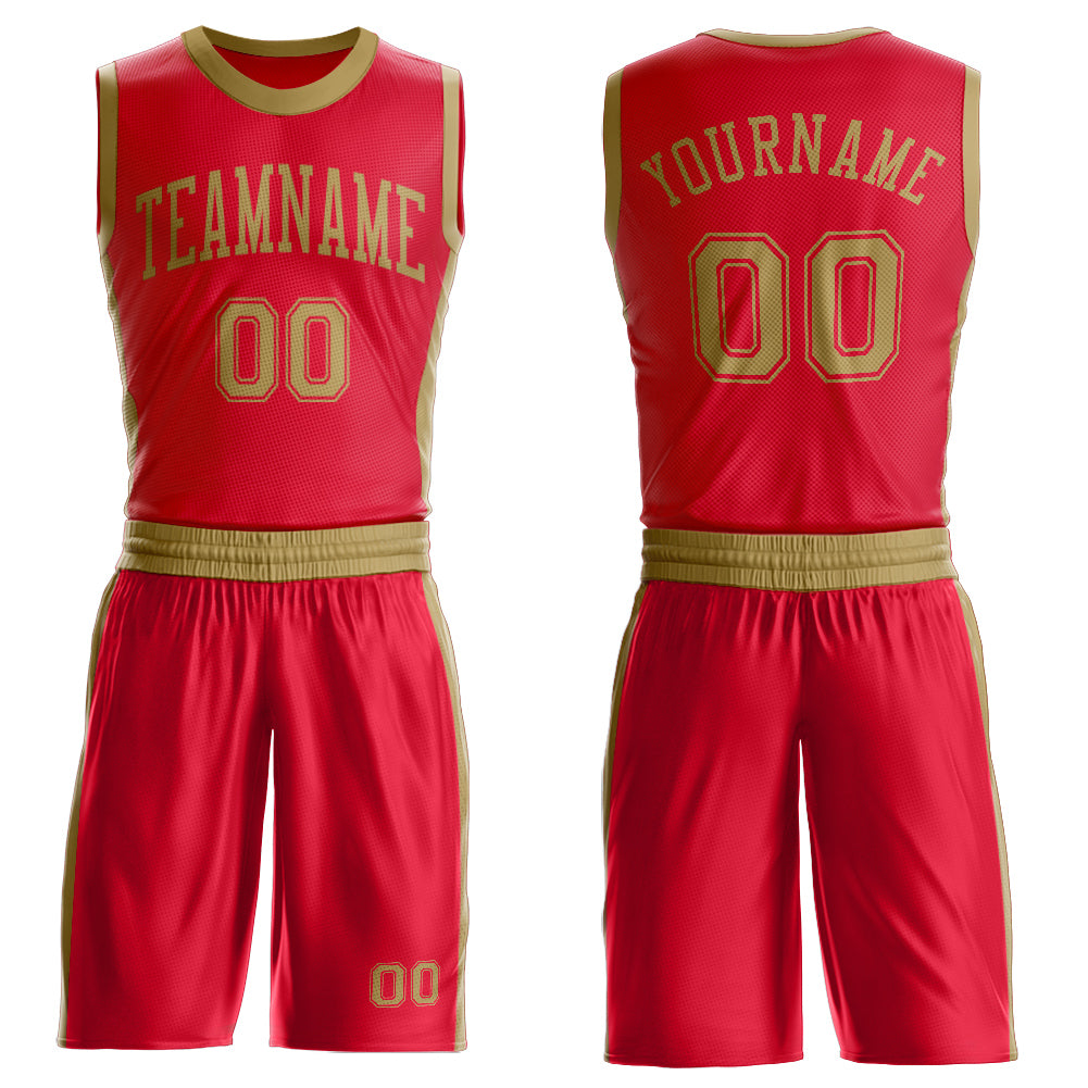 Custom Red Old Gold Round Neck Basketball Uniform Jersey - Main View