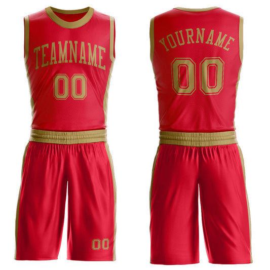 Custom Red Old Gold Round Neck Basketball Uniform Jersey - Main View
