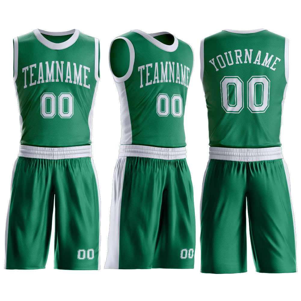 Custom Kelly Green White Round Neck Basketball Uniform Jersey view 3