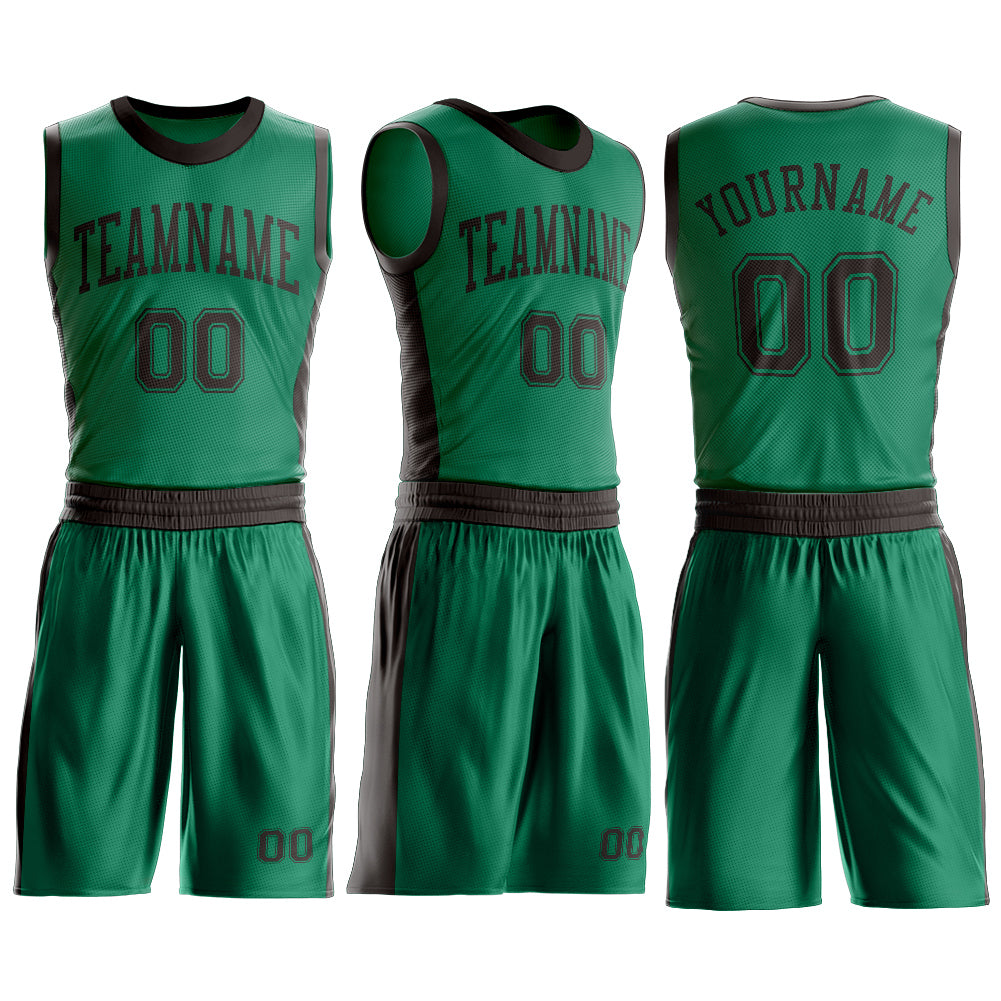 Custom Kelly Green Brown Round Neck Basketball Uniform Jersey view 3