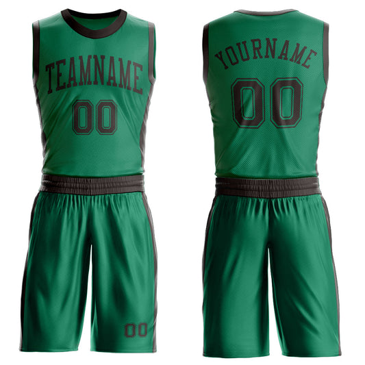 Custom Kelly Green Brown Round Neck Basketball Uniform Jersey - Main View