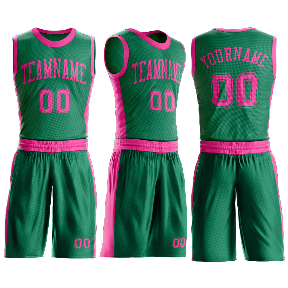 Custom Kelly Green Pink Round Neck Basketball Uniform Jersey view 3