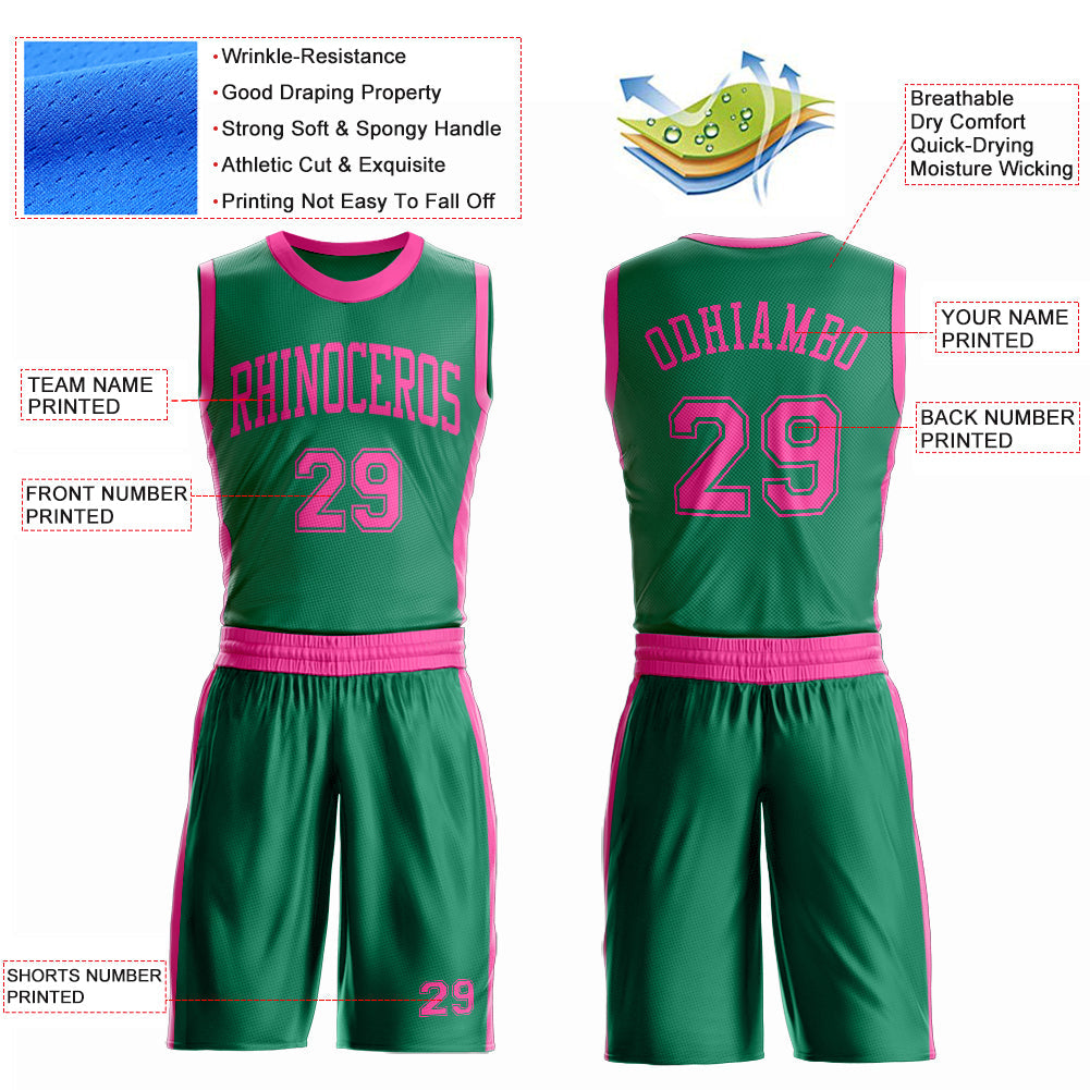 Custom Kelly Green Pink Round Neck Basketball Uniform Jersey view 4