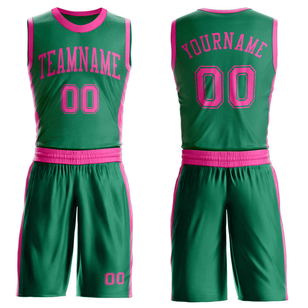 Custom Kelly Green Pink Round Neck Basketball Uniform Jersey - Main View