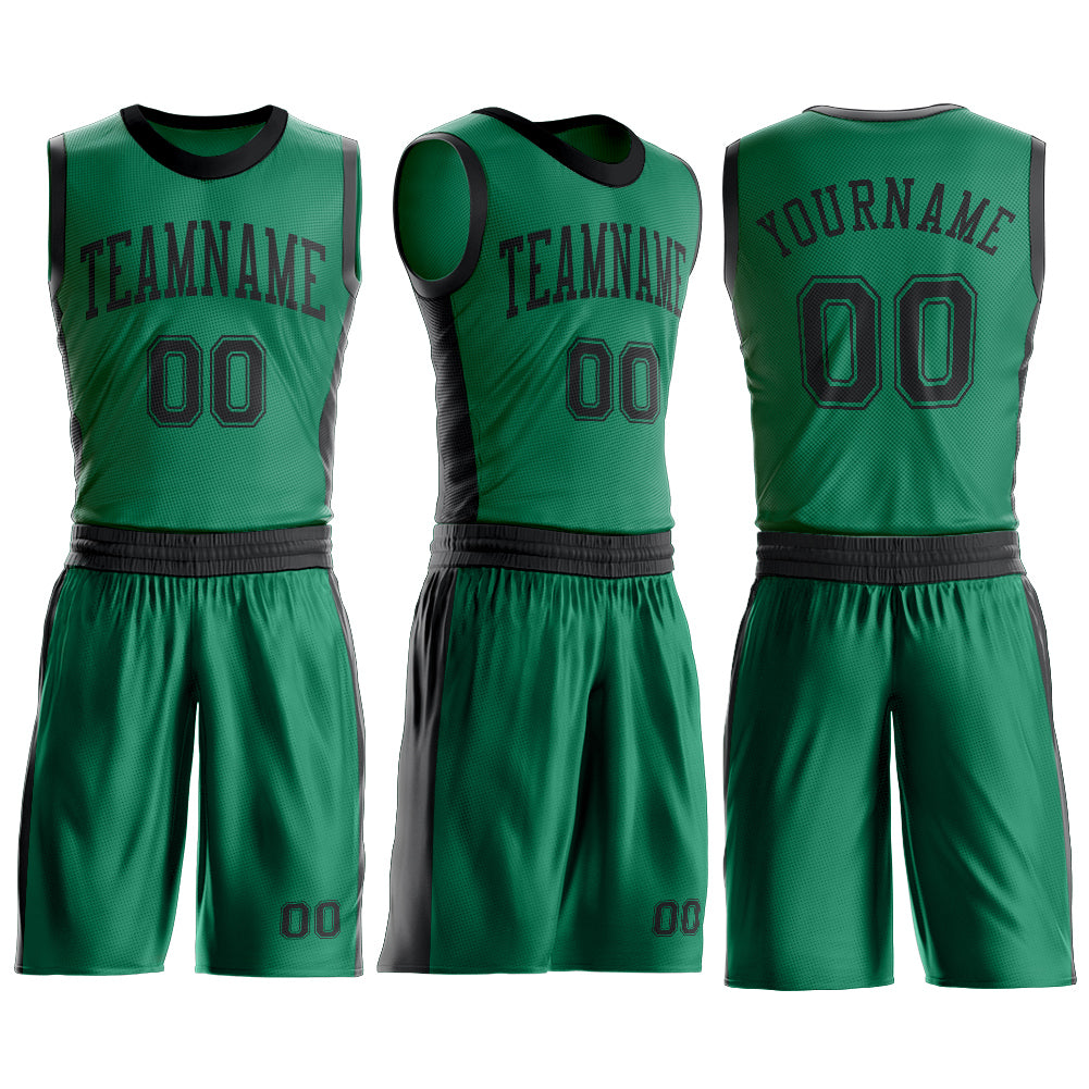 Custom Kelly Green Black Round Neck Basketball Uniform Jersey view 3