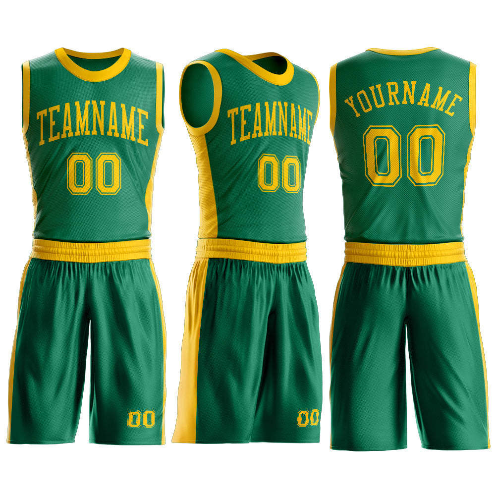 Custom Kelly Green Gold Round Neck Basketball Uniform Jersey view 3